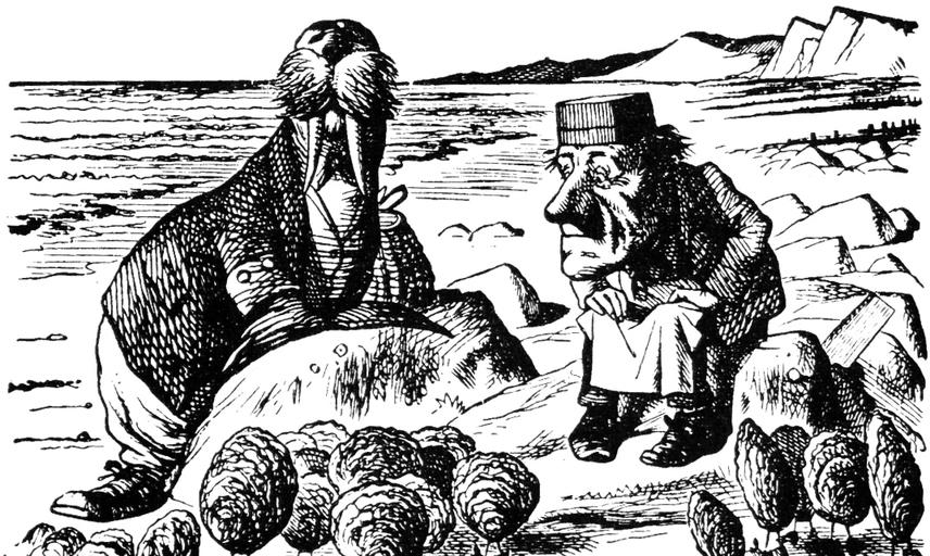 The Walrus and the Carpenter speaking to the Oysters, as portrayed by illustrator John Tenniel.