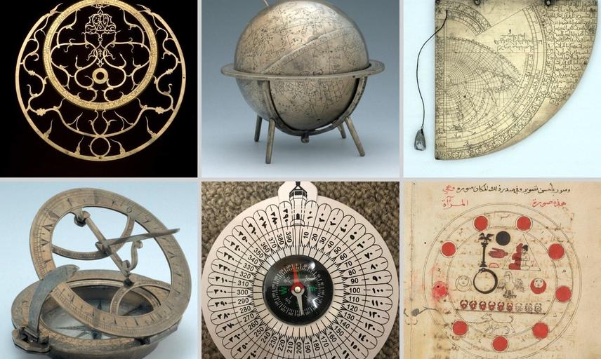 Science in the Islamic World (from top left, clockwise) astrolabe rete (star map), celestial globe, quadrant, Persian inclining dial, Qibla indicator, manuscript